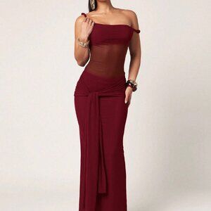 Burgundy Preppy Women's Minimalist Asymmetrical One Shoulder Bodycon Maxi Dress